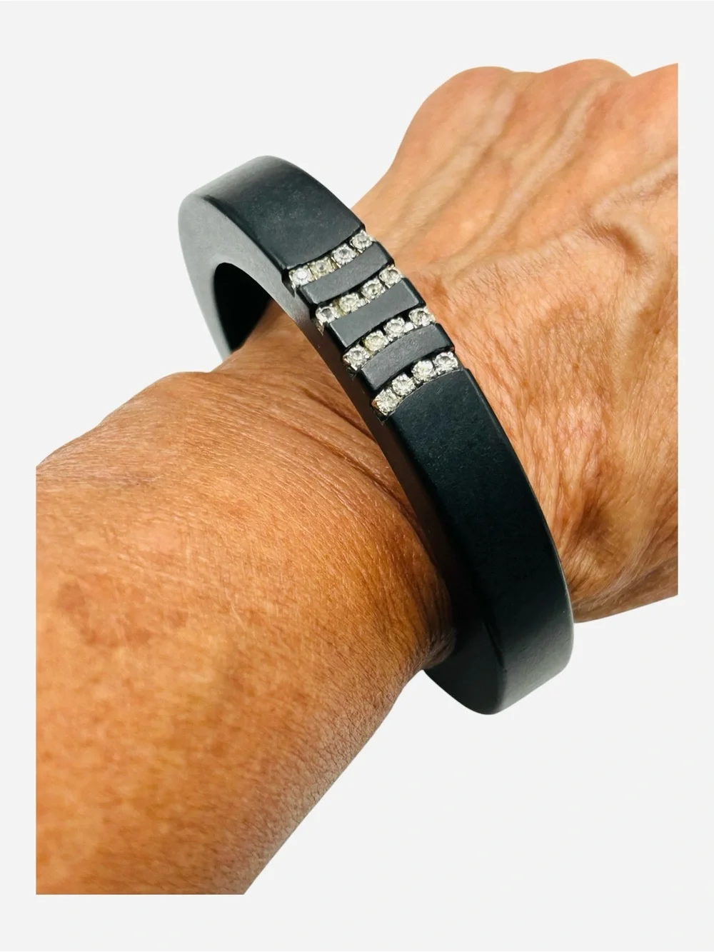 Art Deco Black Bakelite Rhinestone Bangle Bracelet